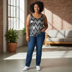 BLACK COLLECTION Black Rainn Silver and Black Sequin Tank Top size xl